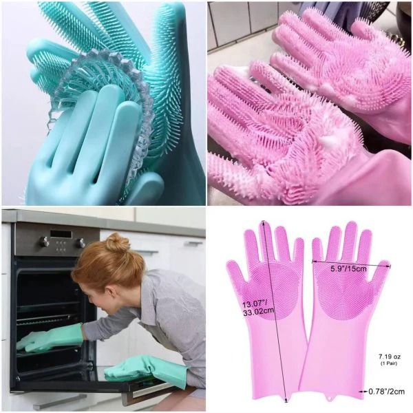 Magic Silicone Dish washing Gloves – Reusable Rubber Cleaning Gloves with Built-In Scrubber for Kitchen & Household Use (Random color)